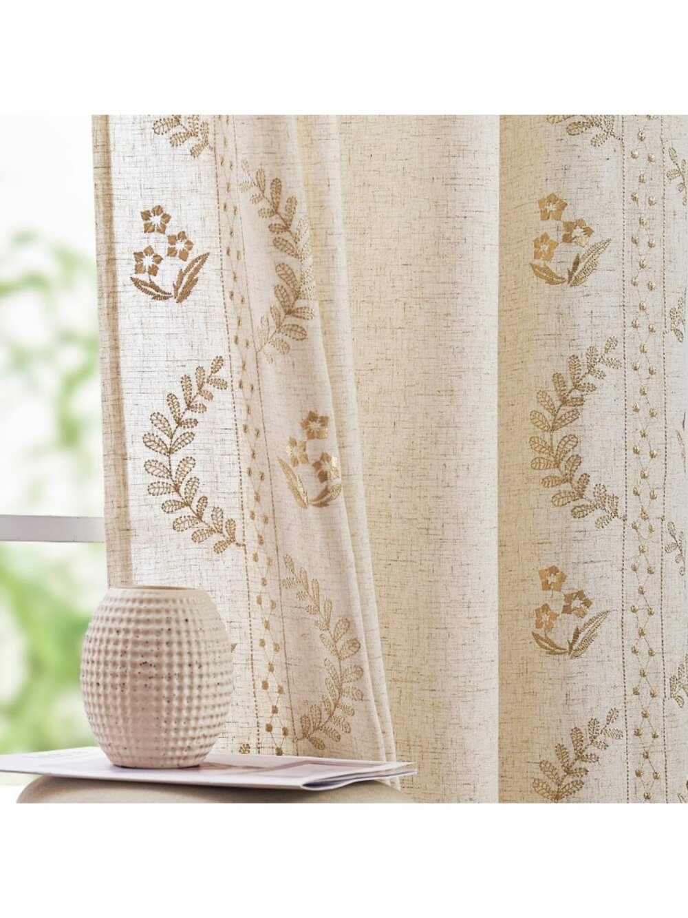 Floral Linen Curtains 63" Farmhouse Style, Back Tab, 2 Panels - Light Filtering